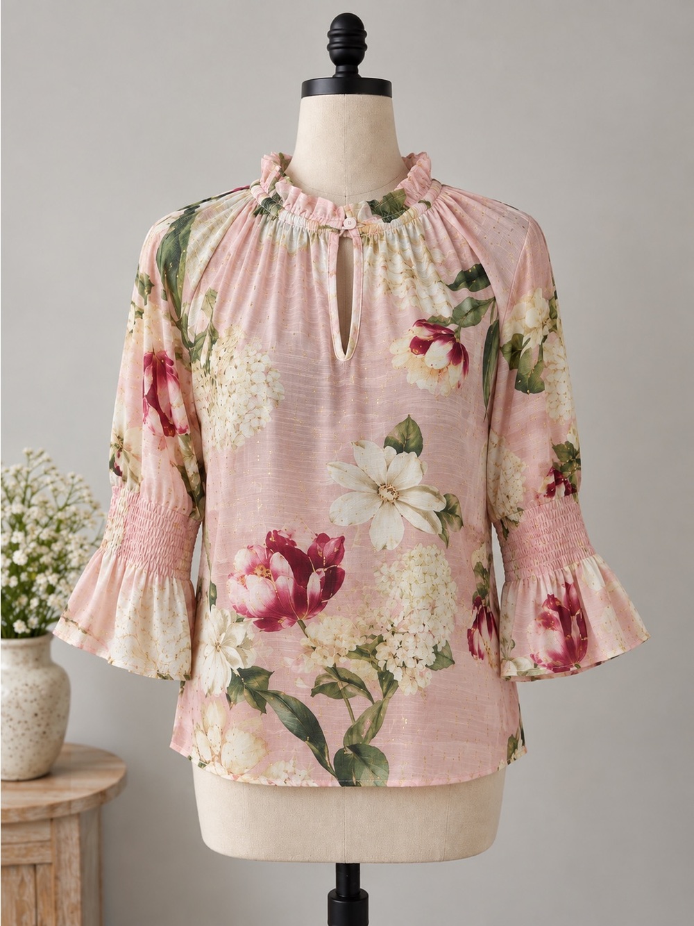 Harvé Benard Floral Edit Blouse Soft Pink Gold Metallic S NWT Floral Ruffle Neck